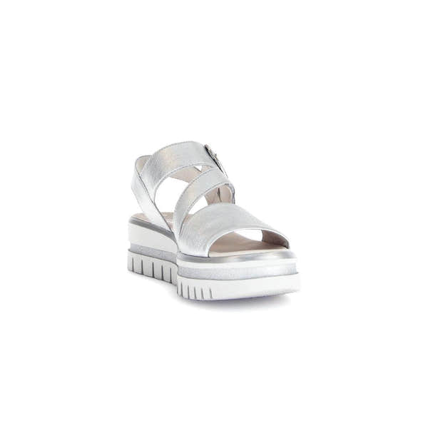 Gabor Ladies Silver Leather Touch Fastening Sandals with chunky white sole and ankle straps.