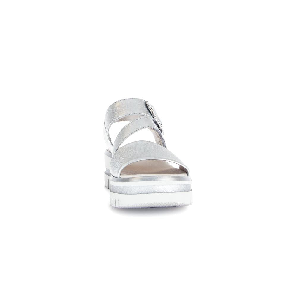 Gabor Ladies Silver Leather Touch Fastening Sandals with chunky sole and adjustable straps.