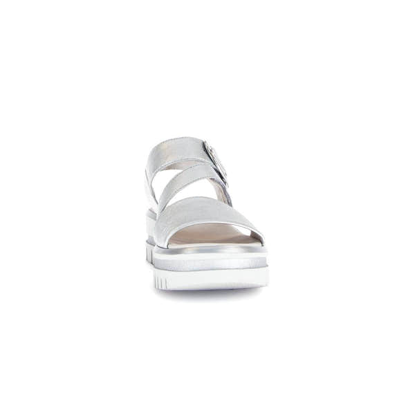 Gabor Ladies Silver Leather Touch Fastening Sandals with chunky sole and adjustable straps.