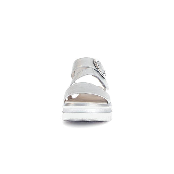 Gabor ladies silver leather touch fastening sandals with buckles and cushioned sole, stylish summer footwear.