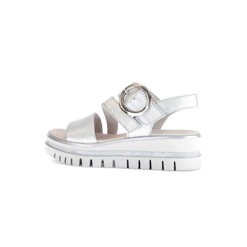 Gabor women's silver leather touch fastening sandals with chunky sole and round buckle detail.