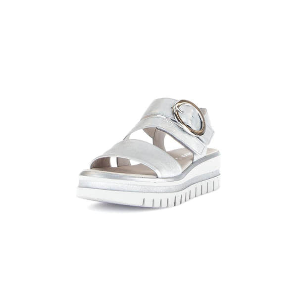 Gabor 64.627.61 Amarillo silver leather touch fastening women's sandals with chunky white sole and metallic buckle detail.