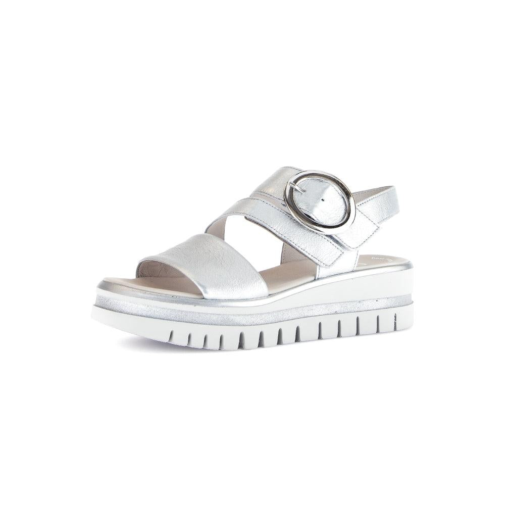 Gabor Ladies silver leather touch fastening sandals with a chunky sole and oval buckle, stylish and comfortable for women.
