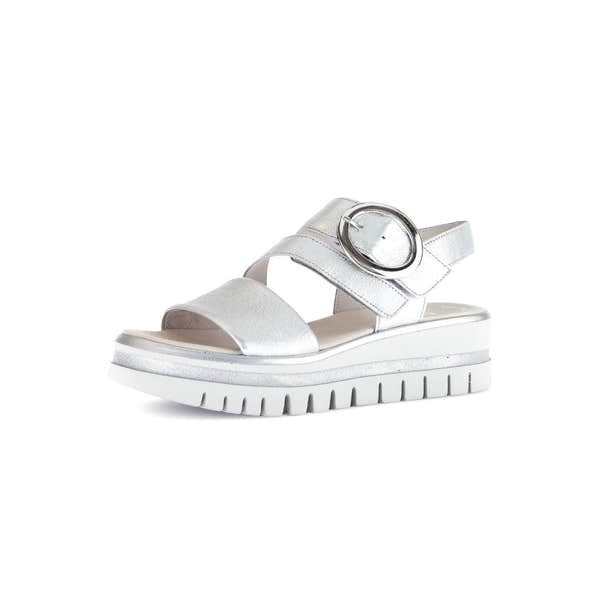 Gabor Ladies silver leather touch fastening sandals with a chunky sole and oval buckle, stylish and comfortable for women.