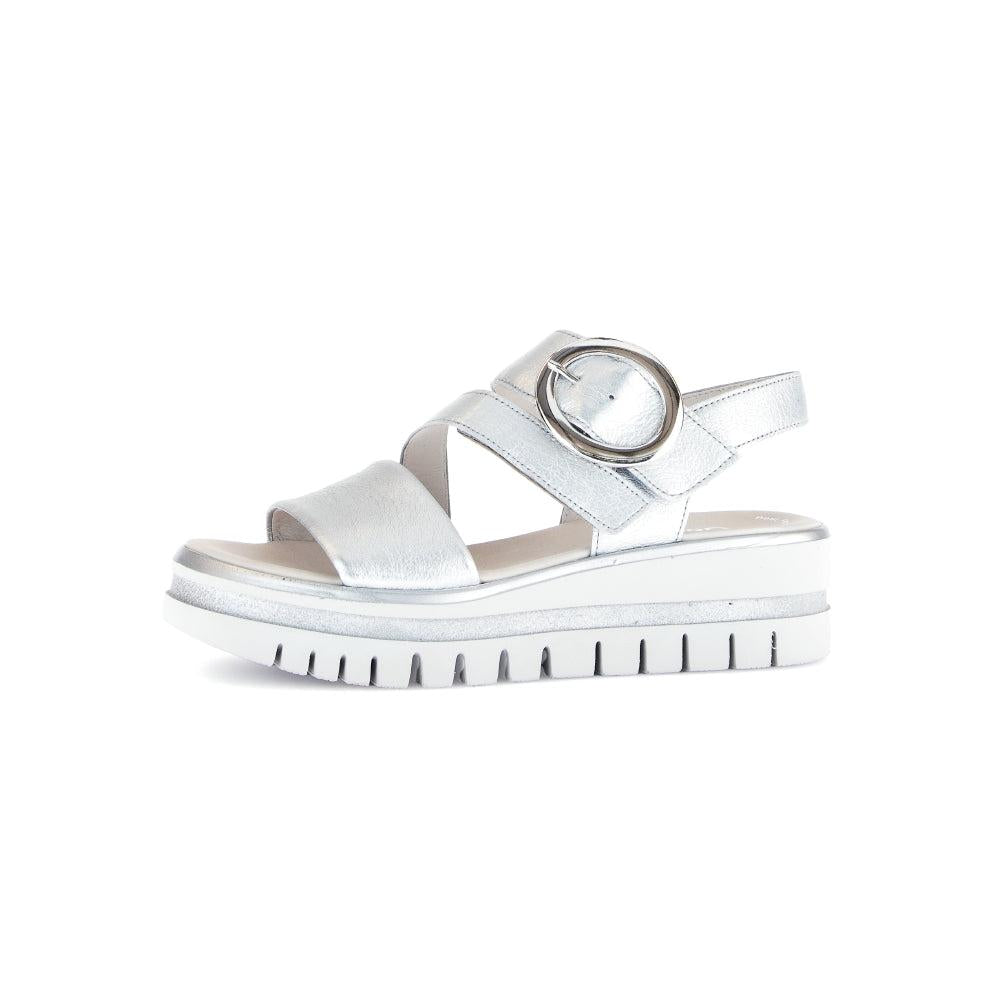 Gabor Ladies Silver Leather Touch Fastening Sandals with chunky sole and circular buckle detail.
