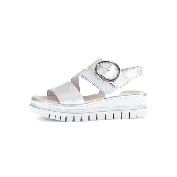 Gabor Ladies Silver Leather Touch Fastening Sandals with chunky sole and circular buckle detail.