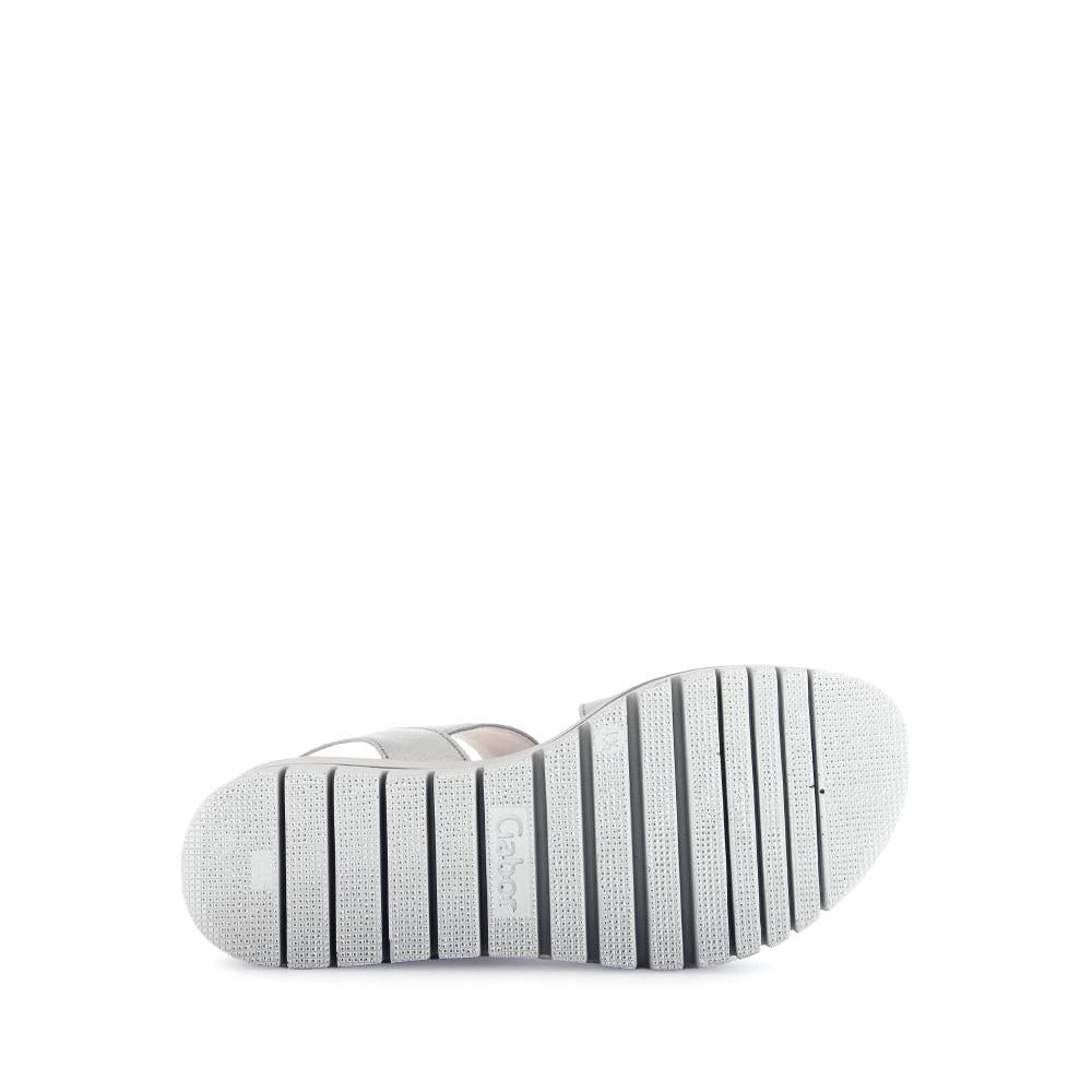 Gabor Ladies Silver Leather Touch Fastening Sandals with cushioned sole and slip-on design.