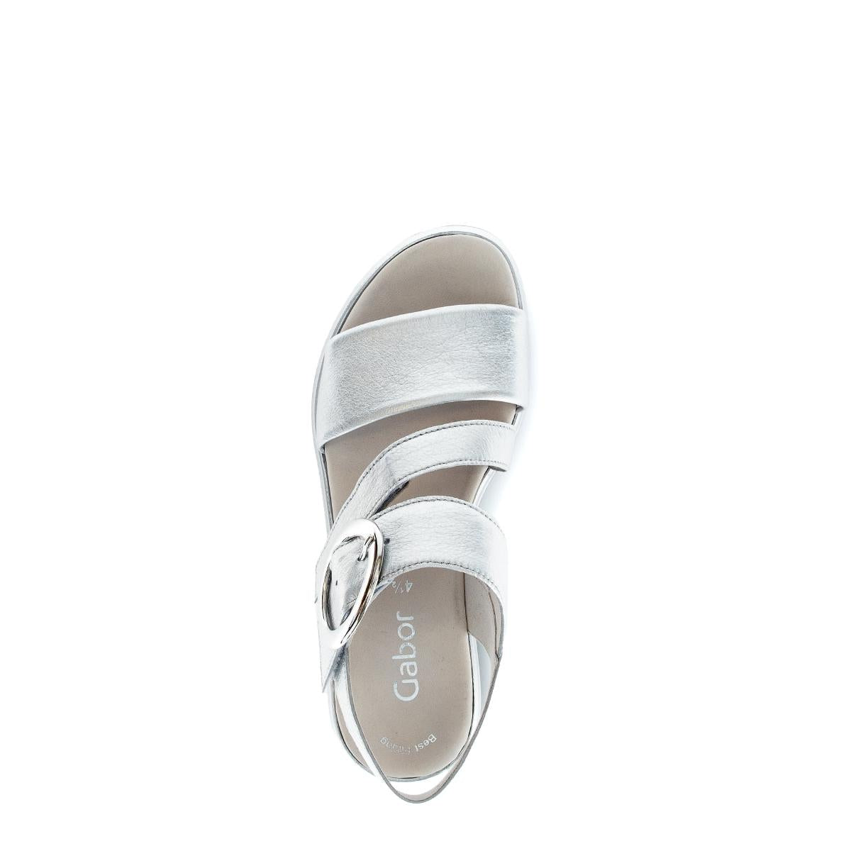 Gabor Ladies Silver Leather Sandals with touch-fastening straps and buckle, beige footbed, open toe, stylish summer footwear.