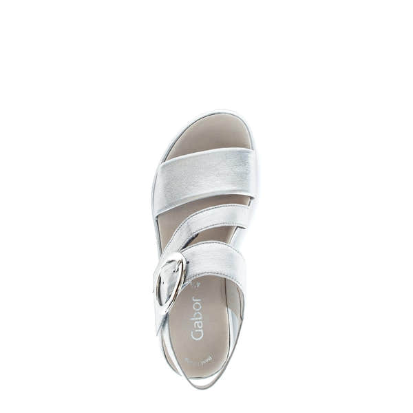 Gabor Ladies Silver Leather Sandals with touch-fastening straps and buckle, beige footbed, open toe, stylish summer footwear.
