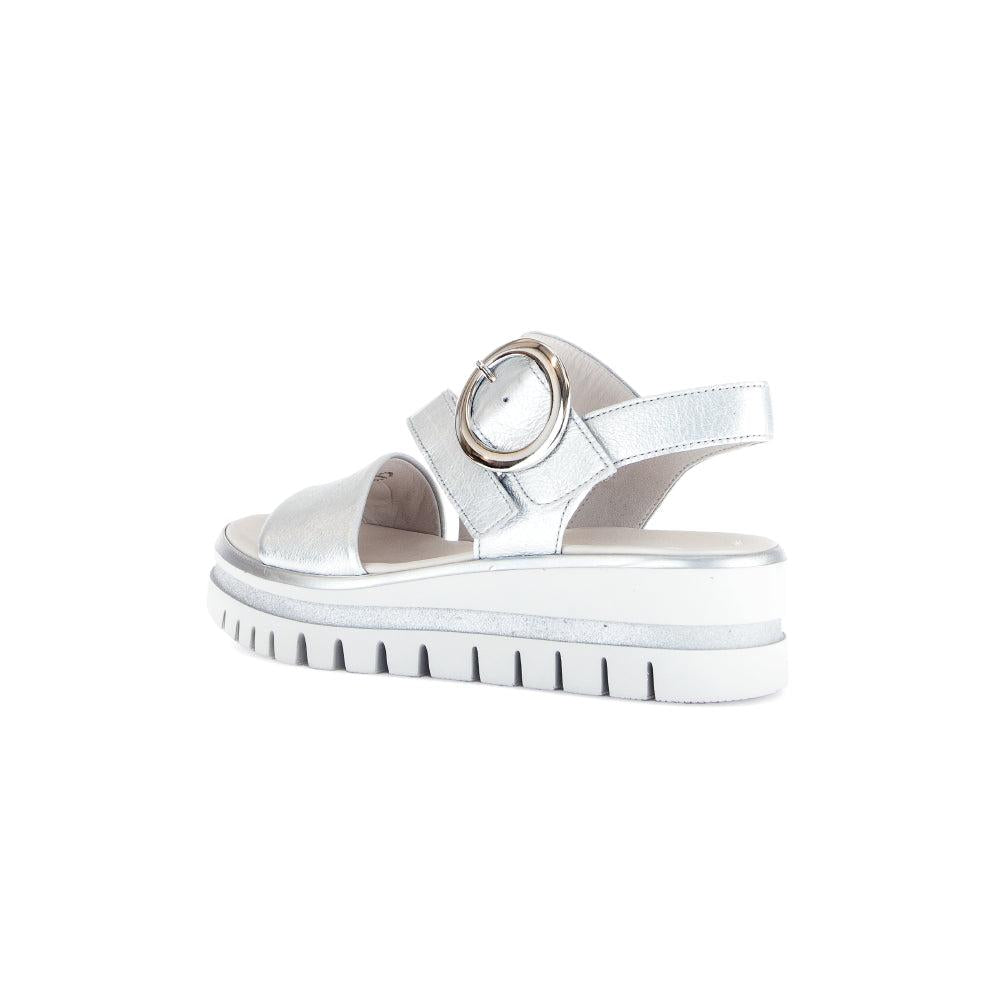 Gabor Ladies Silver Leather Touch Fastening Sandals with chunky sole and decorative large silver buckle.