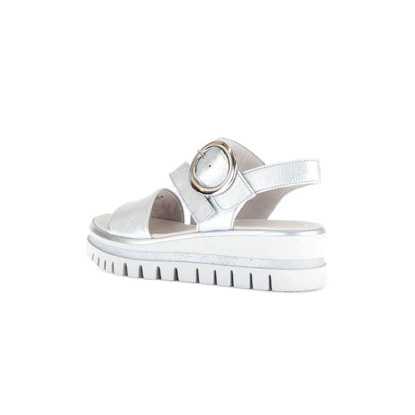 Gabor Ladies Silver Leather Touch Fastening Sandals with chunky sole and decorative large silver buckle.