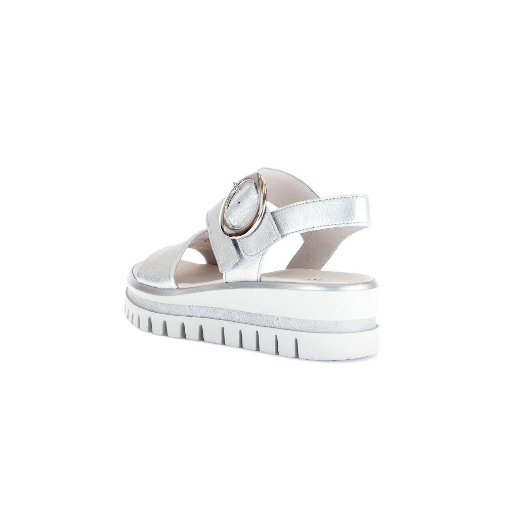 Gabor women's silver leather sandals with touch fastening, chunky sole, and metal buckle detail.