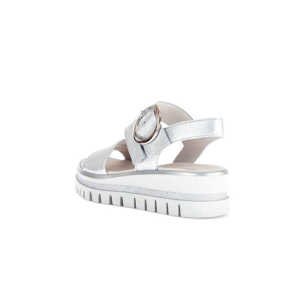 Gabor women's silver leather sandals with touch fastening, chunky sole, and metal buckle detail.