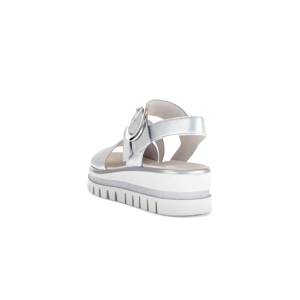 Gabor Ladies Silver Leather Touch Fastening Sandals with platform sole and chunky tread, stylish and comfortable for women.