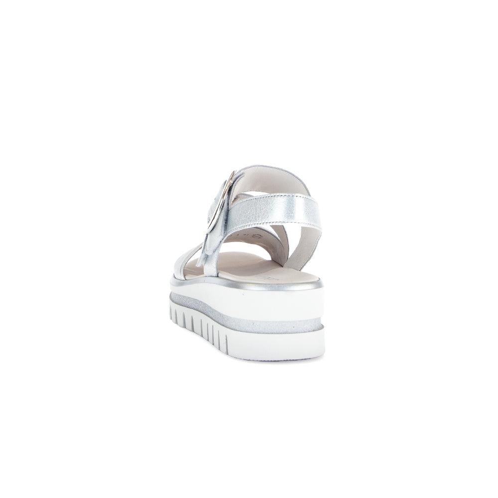 Gabor Ladies Silver Leather Touch Fastening Sandals with chunky white sole and adjustable straps.