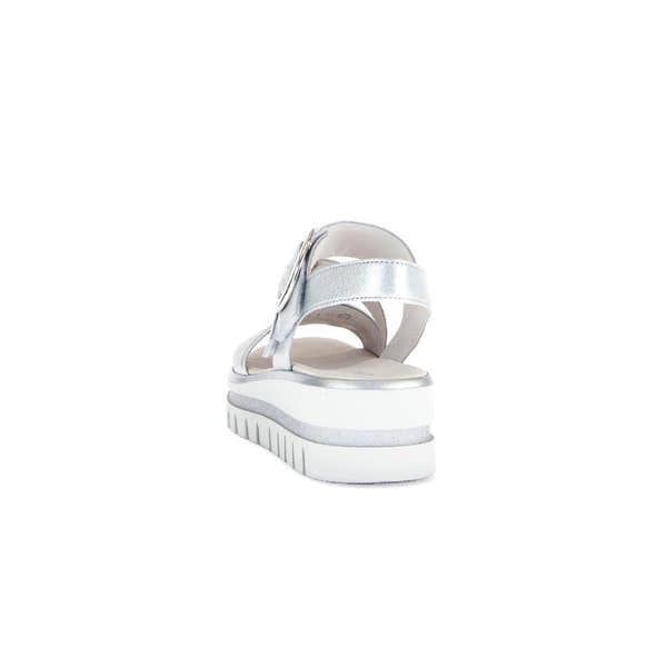 Gabor Ladies Silver Leather Touch Fastening Sandals with chunky white sole and adjustable straps.