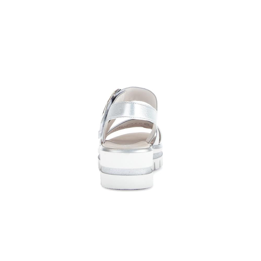 Gabor Ladies Silver Leather Sandals with touch fastening, chunky heel, and platform sole.
