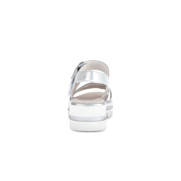 Gabor Ladies Silver Leather Sandals with touch fastening, chunky heel, and platform sole.