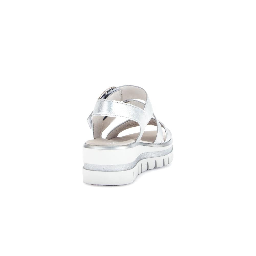 Gabor women's silver leather touch fastening platform sandals with chunky white sole and ankle strap.