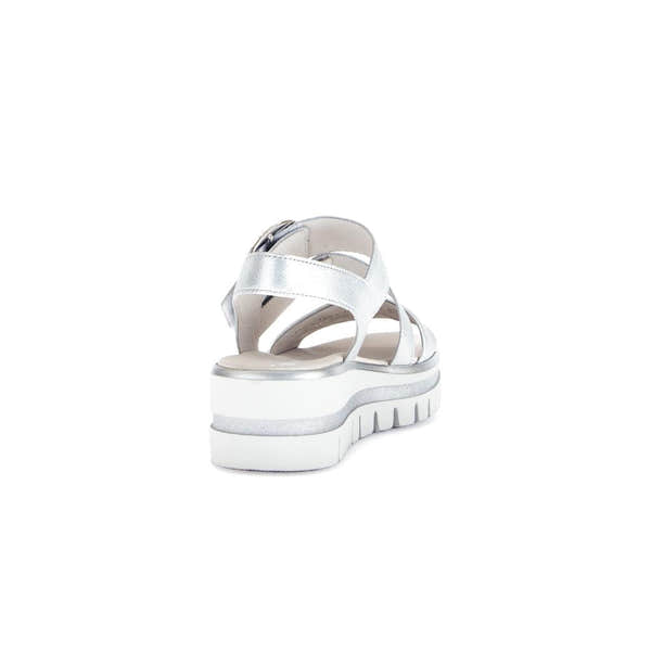 Gabor women's silver leather touch fastening platform sandals with chunky white sole and ankle strap.
