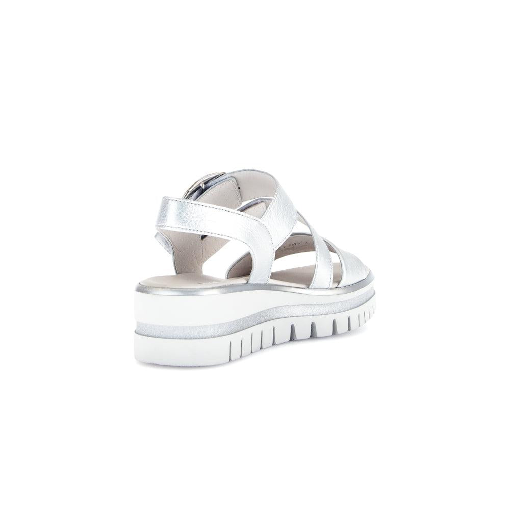 Gabor Ladies Silver Leather Touch Fastening Sandals with chunky platform sole and strap design.