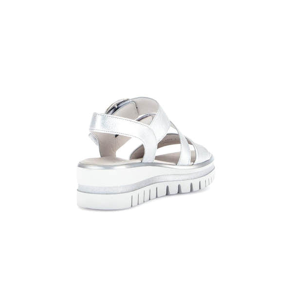Gabor Ladies Silver Leather Touch Fastening Sandals with chunky platform sole and strap design.