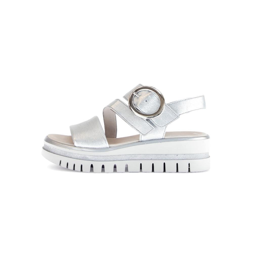 Gabor Ladies Silver Leather Touch Fastening Sandals with chunky sole and adjustable buckle strap.
