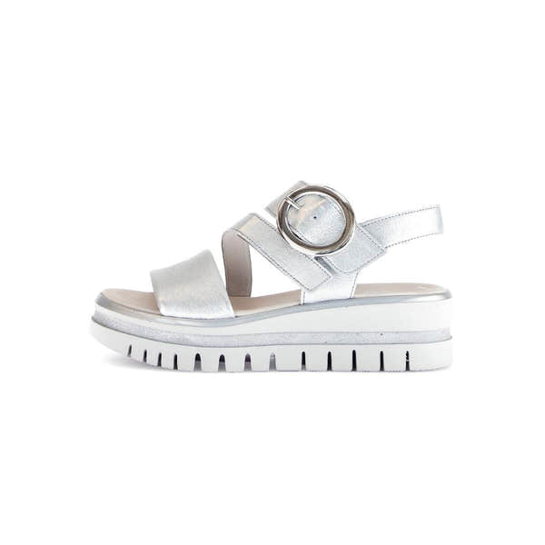 Gabor Ladies Silver Leather Touch Fastening Sandals with chunky sole and adjustable buckle strap.