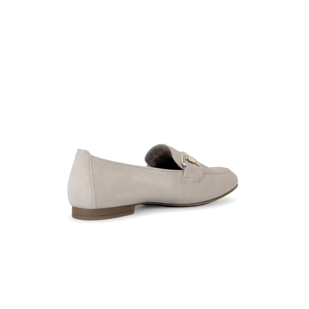 Gabor ladies' tan suede slip-on shoes with decorative gold buckle detail and low heel. Comfortable, stylish casual footwear.