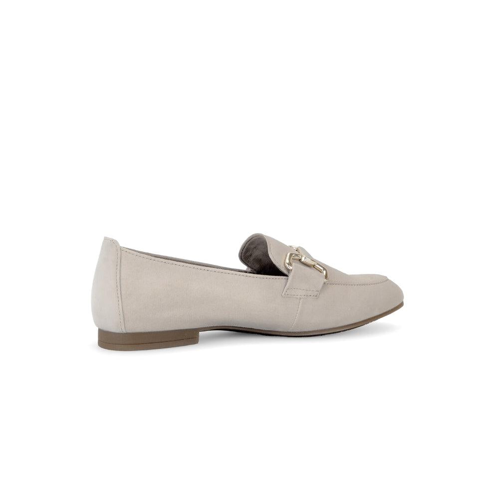 Gabor Ladies Tan Suede Slip-On Shoes with Metal Chain Detail, comfortable flat loafers for women.