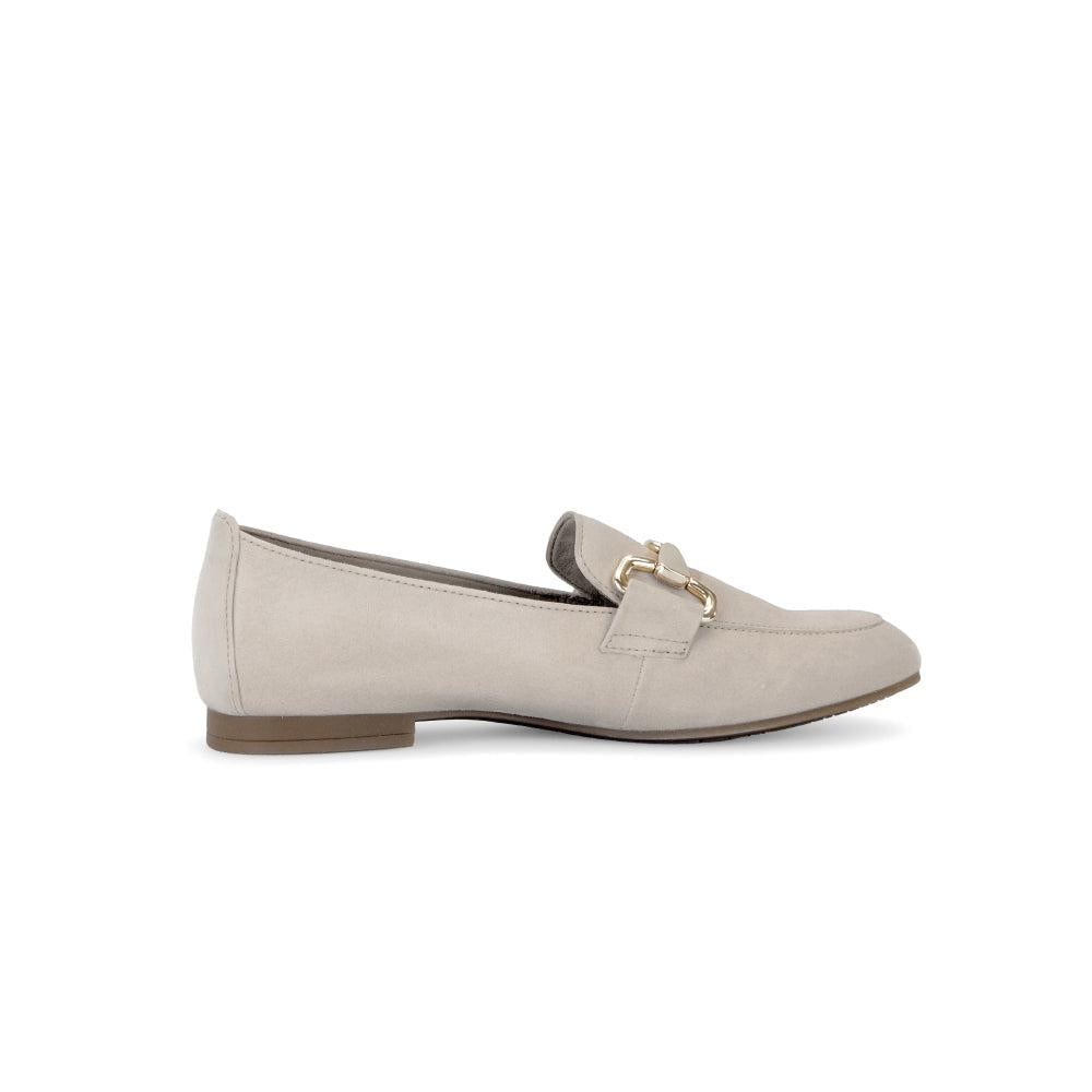 Gabor Ladies Tan Suede Slip-On Shoes with Gold Buckle Accent, comfortable loafers for women.