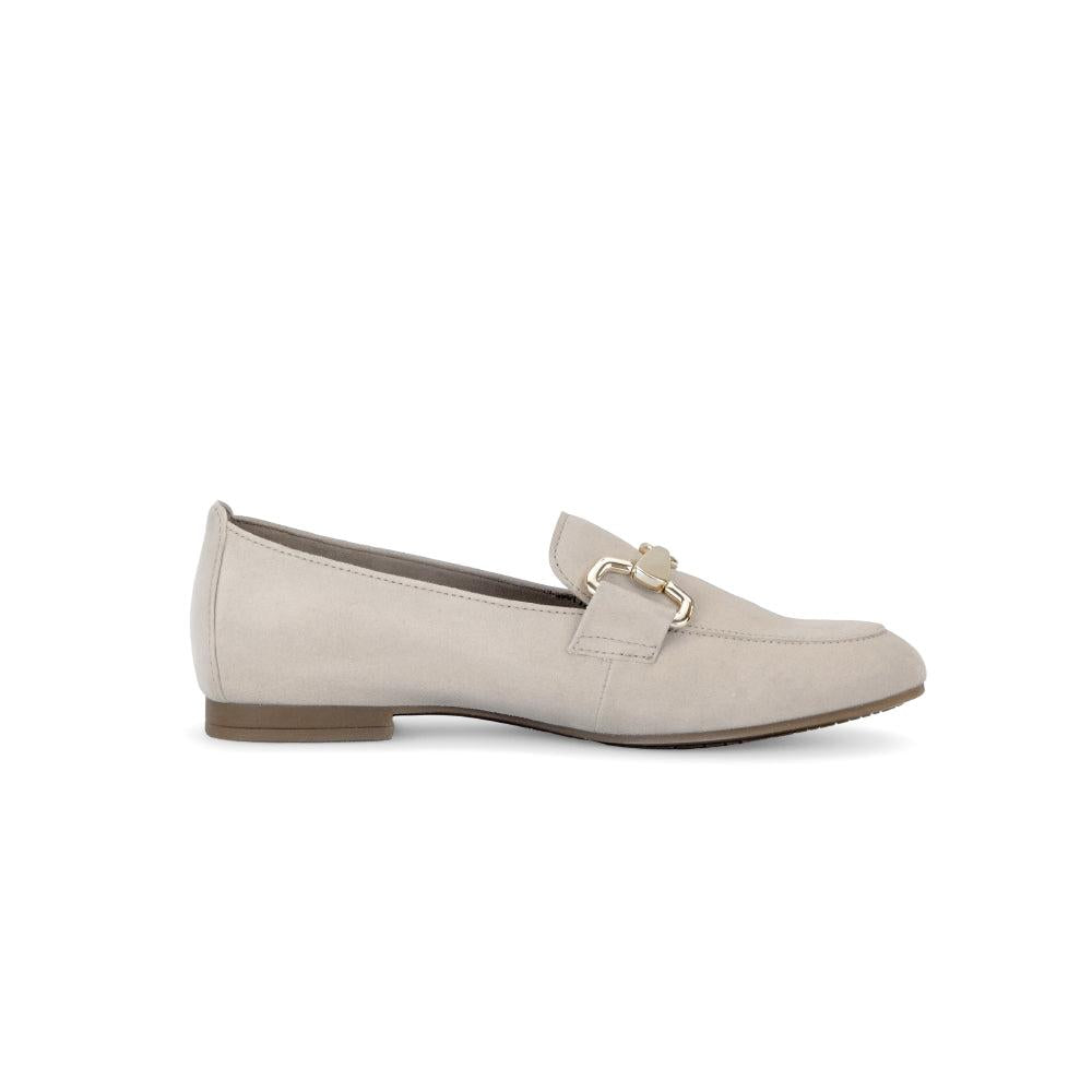 Gabor Ladies Tan Suede Slip-On Shoes with Gold Buckle Detail, flat loafers for women.