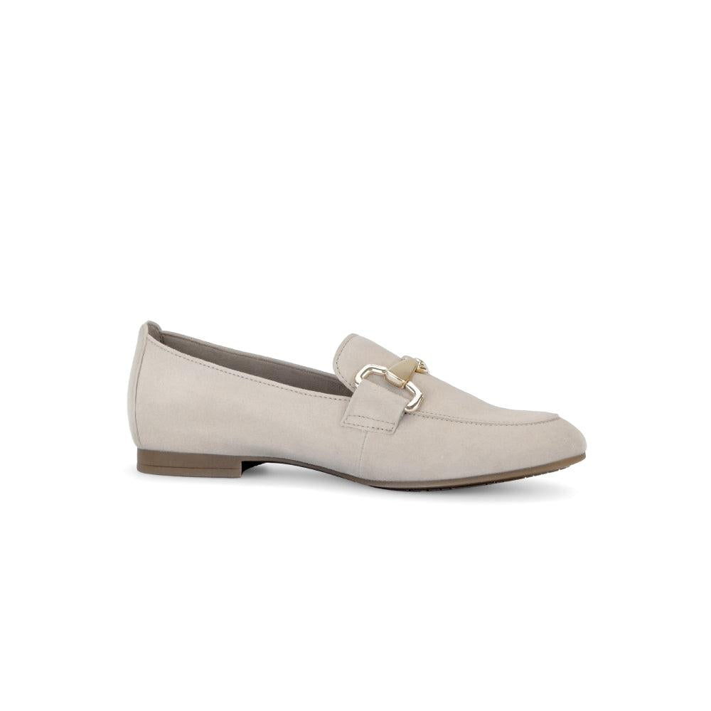 Gabor ladies' tan suede slip-on shoes with decorative gold-tone buckle detail, flat sole, and pointed toe.