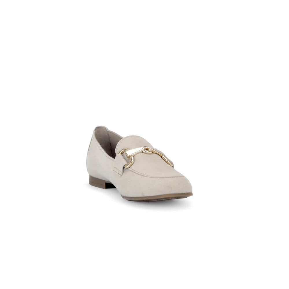 Gabor Ladies Tan Suede Slip-On Shoes with Gold Chain Detailing for Women, Stylish and Comfortable Footwear