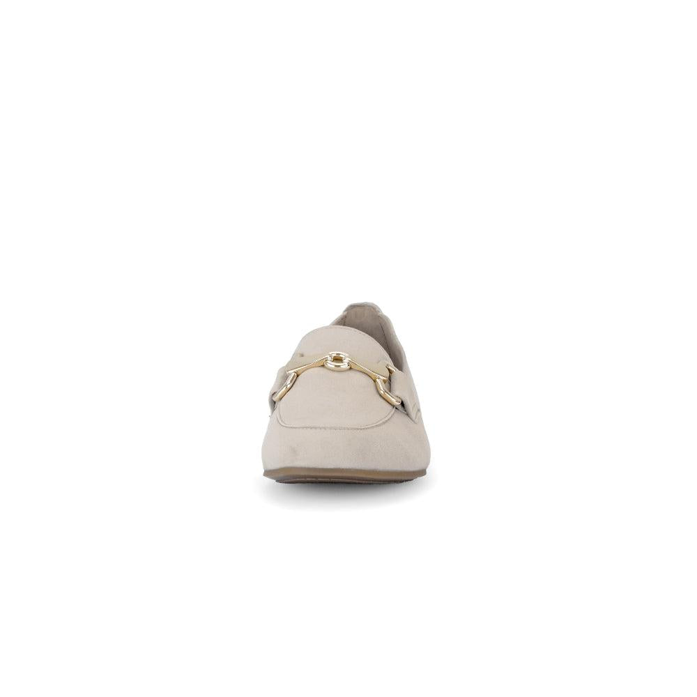 Gabor women's tan suede slip-on shoes with gold hardware, comfortable and stylish footwear.