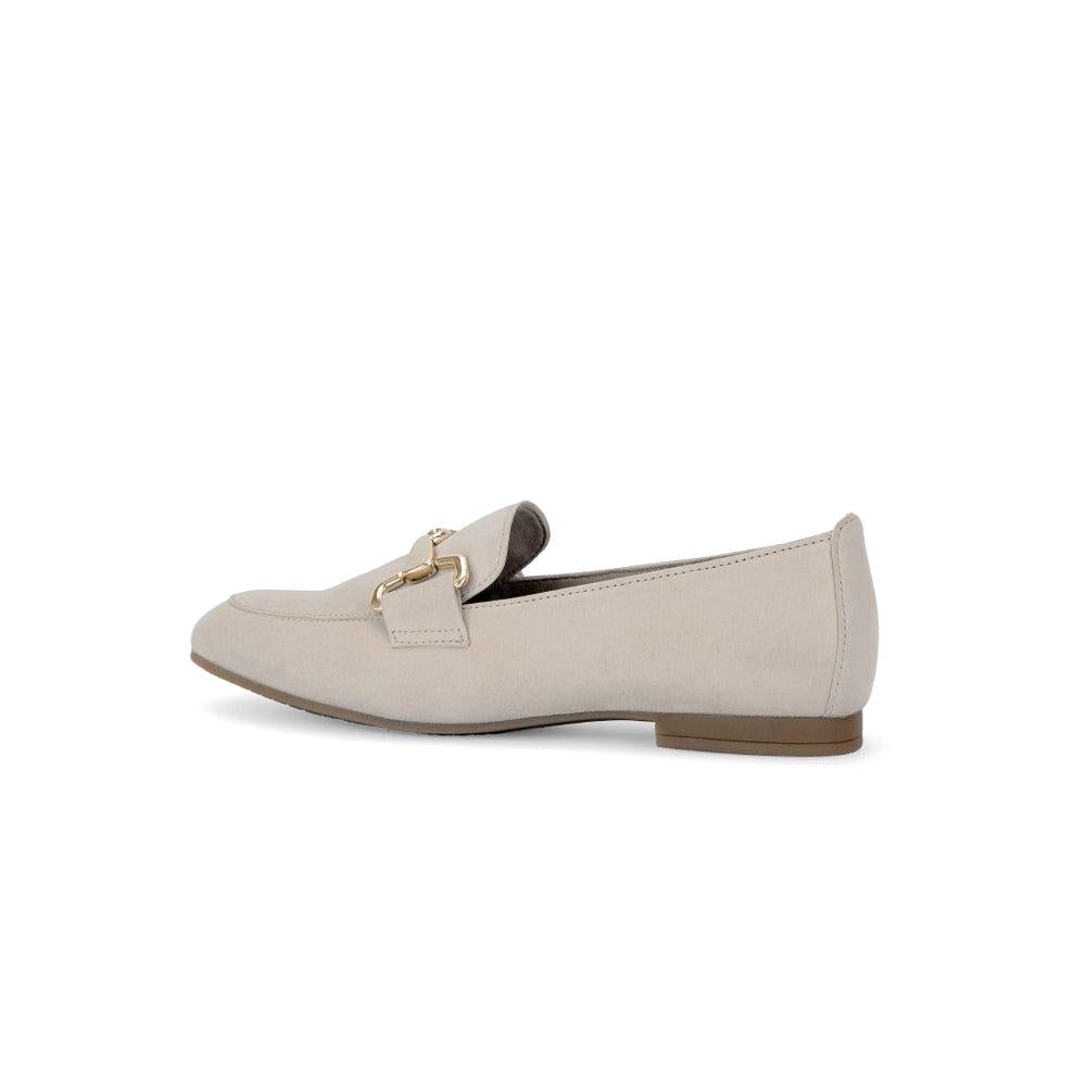 Gabor Ladies Tan Suede Slip-On Shoes with Gold Hardware, comfortable flat design, stylish women's loafers.