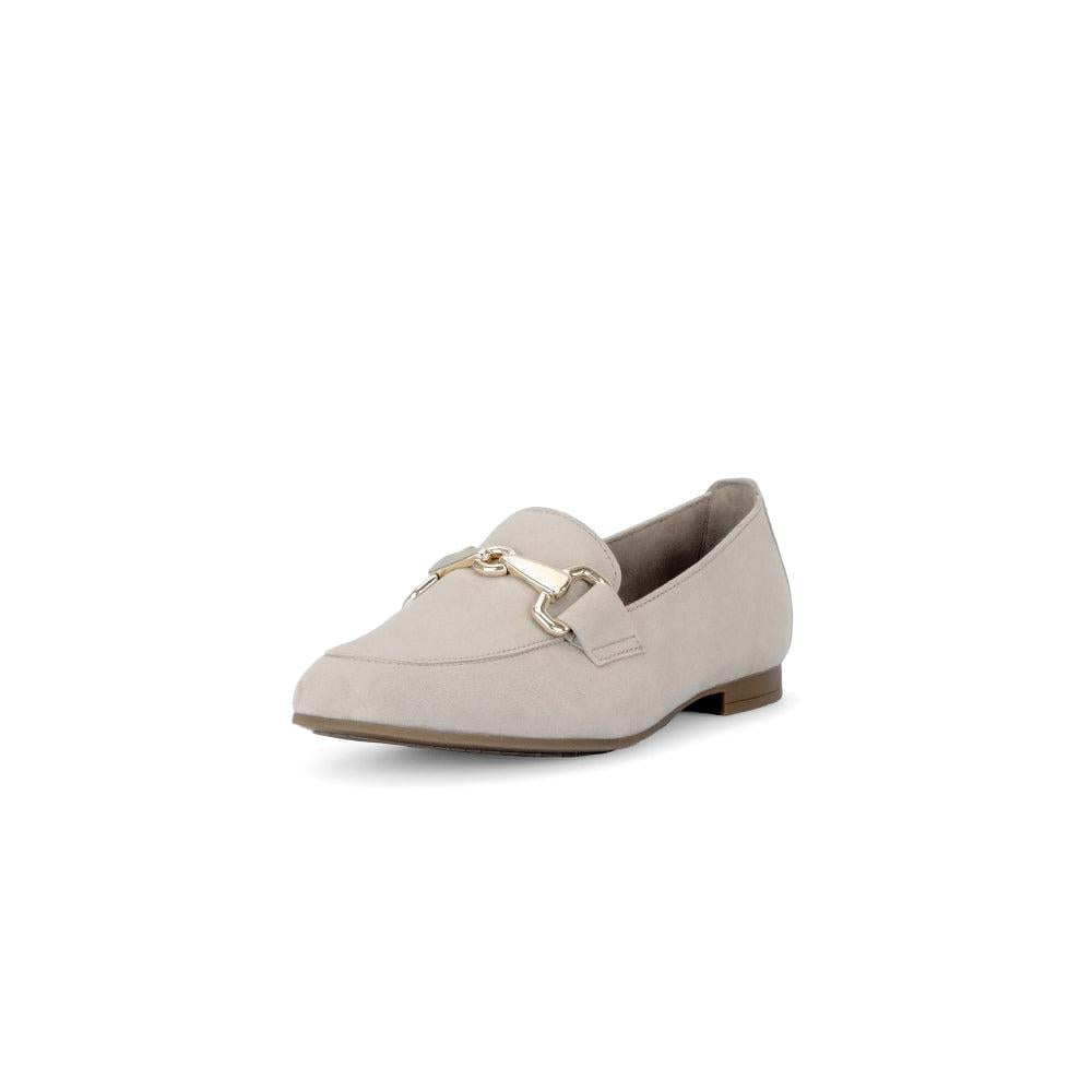 Gabor women's tan suede slip-on shoes with metal horsebit detail and low heel.