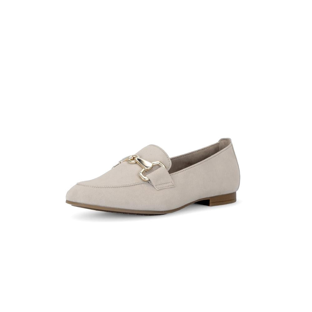 Gabor Ladies Tan Suede Slip-On Shoes with Gold Horsebit Detail, comfortable flats for women.
