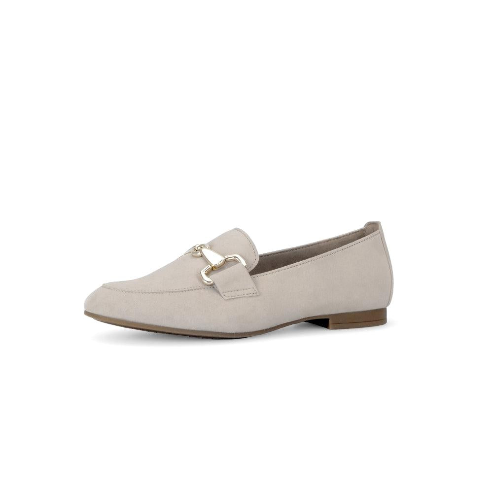 Gabor Ladies Tan Suede Slip-On Shoes with Metal Chain Detail, pointed toe, low heel, casual and stylish footwear.