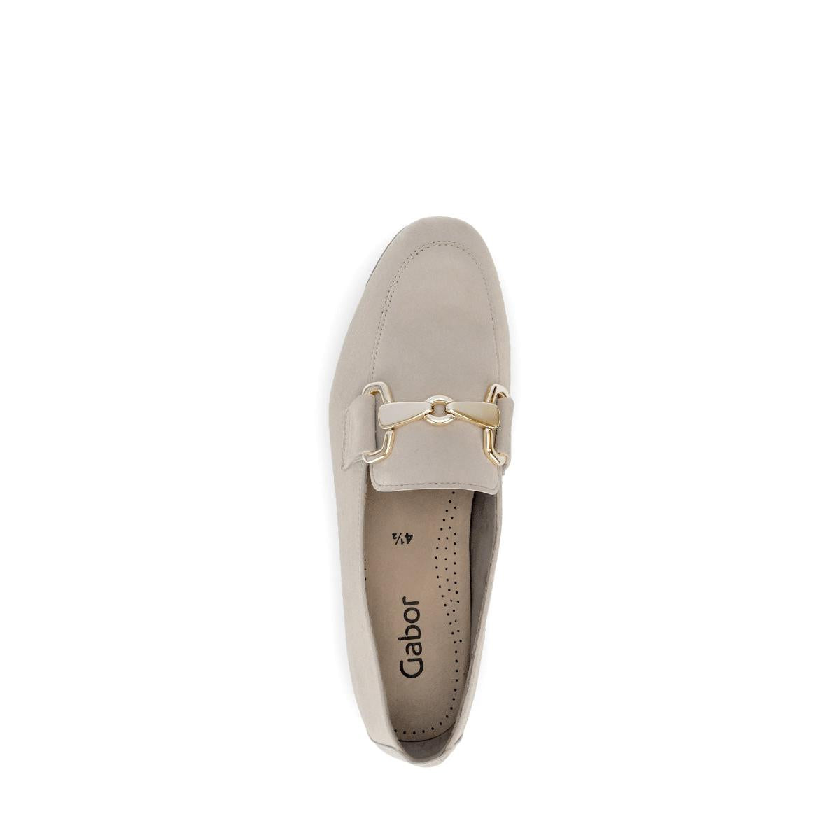 Gabor Ladies Tan Suede Slip-On Shoes with Gold Horsebit Detail, comfortable and stylish for women.