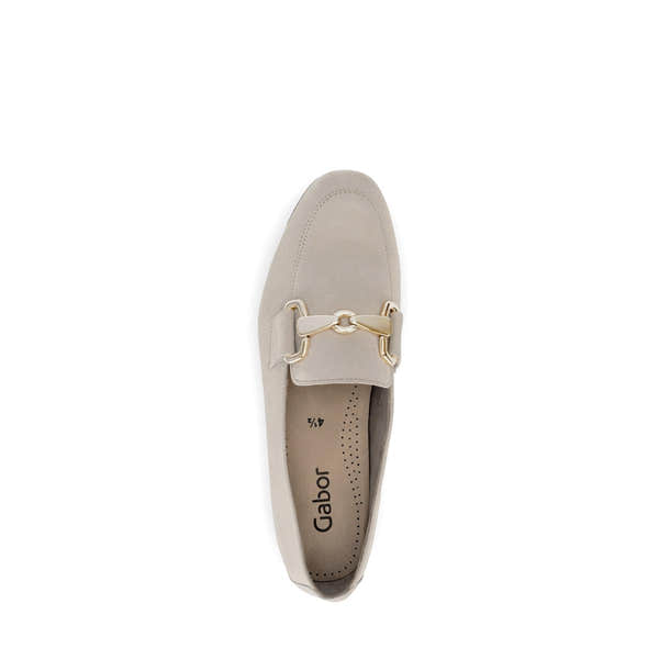 Gabor Ladies Tan Suede Slip-On Shoes with Gold Horsebit Detail, comfortable and stylish for women.