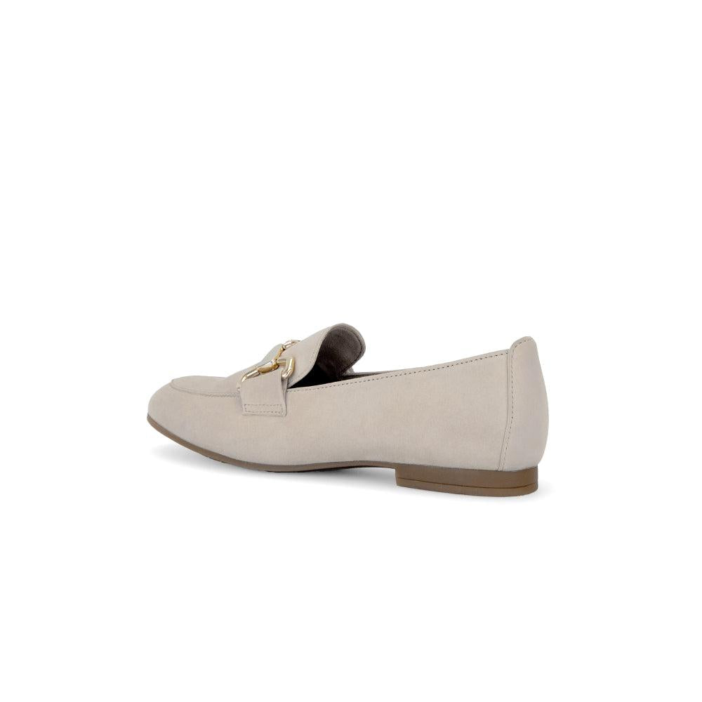 Gabor Ladies Tan Suede Slip-On Shoes with gold hardware detail and low heel.