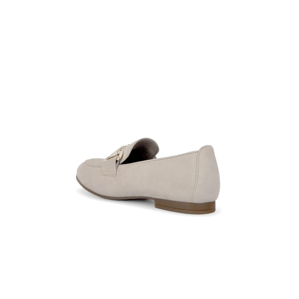 Gabor Ladies Tan Suede Slip-On Shoes with gold buckle detail, flat sole, and comfortable design.