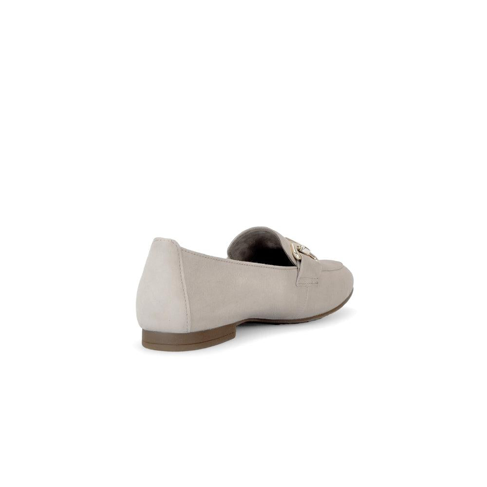 Gabor Ladies Tan Suede Slip-On Shoes with Buckle Accent, casual flat footwear, on white background.