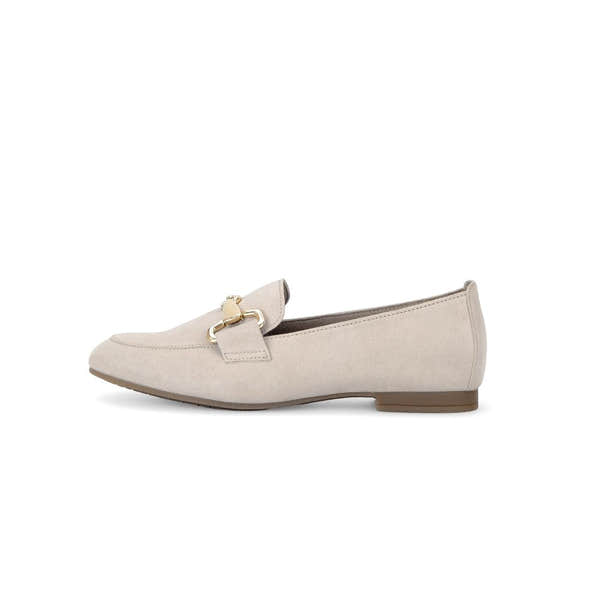 Gabor ladies' tan suede slip-on shoes with decorative buckle, flat sole, and pointed toe.