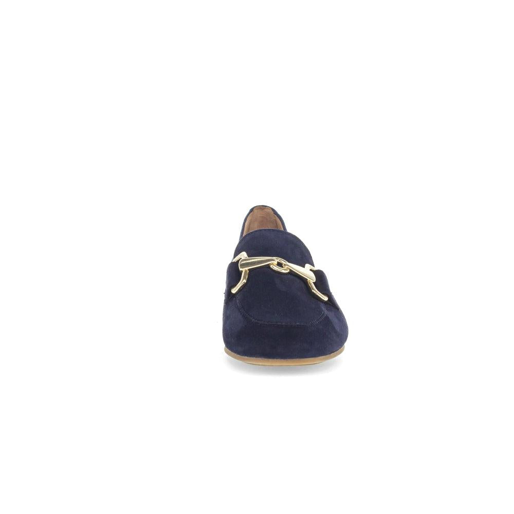 Gabor 65.211.36 ladies dark blue suede slip-on shoes with gold horsebit detail.