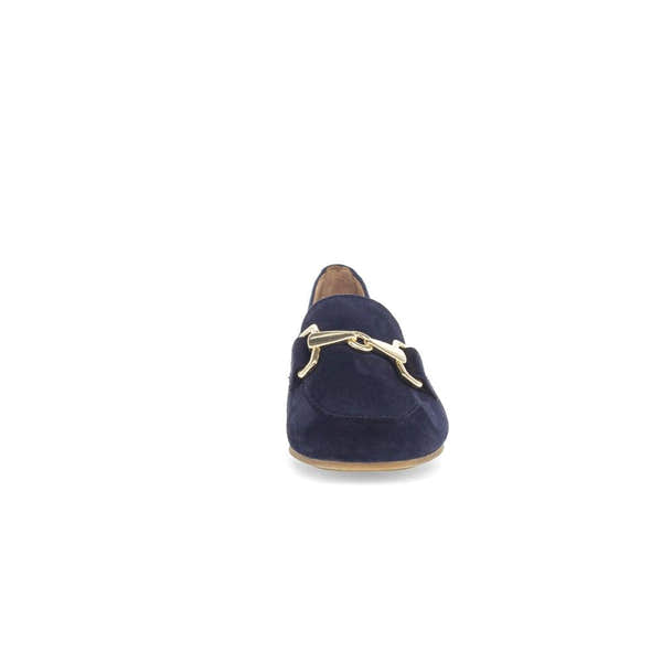 Gabor 65.211.36 ladies dark blue suede slip-on shoes with gold horsebit detail.