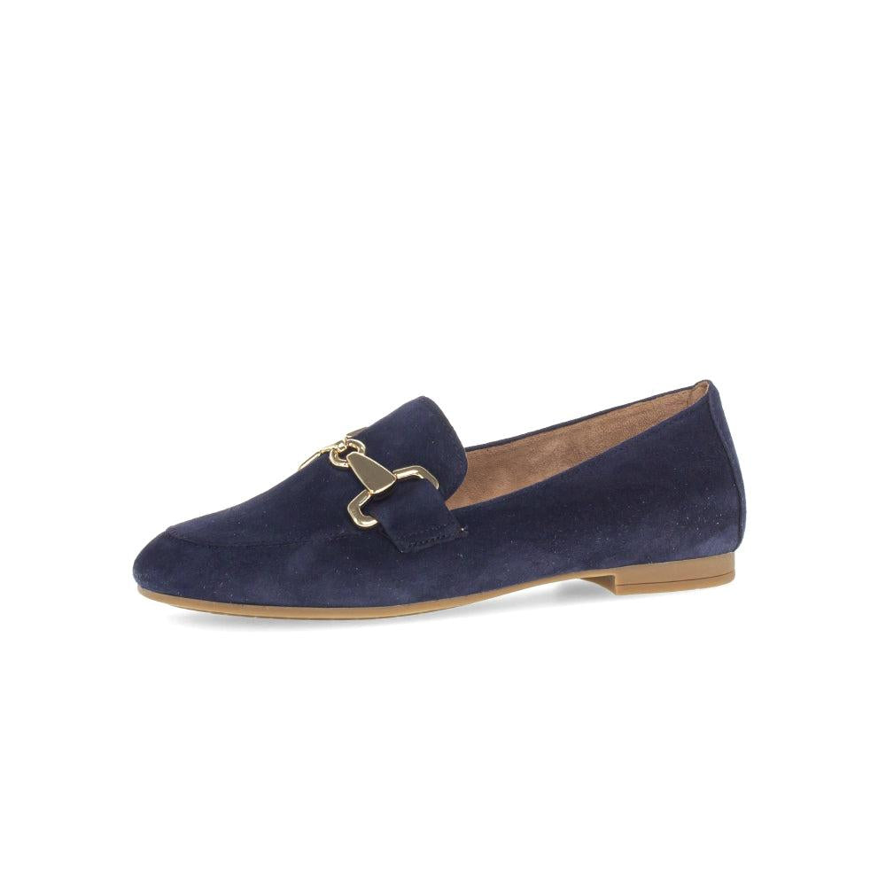 Gabor ladies' dark blue suede slip-on loafers with gold hardware detail and low heel.