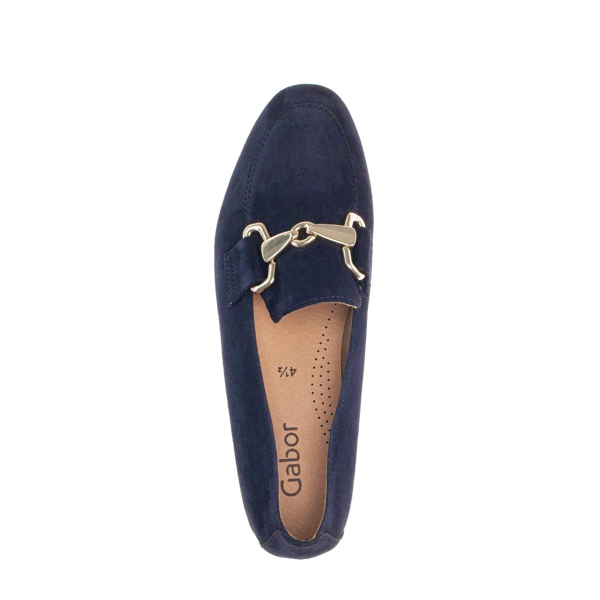 Gabor women's dark blue suede slip-on shoes with gold-tone horsebit embellishment, stylish and comfortable footwear for women.