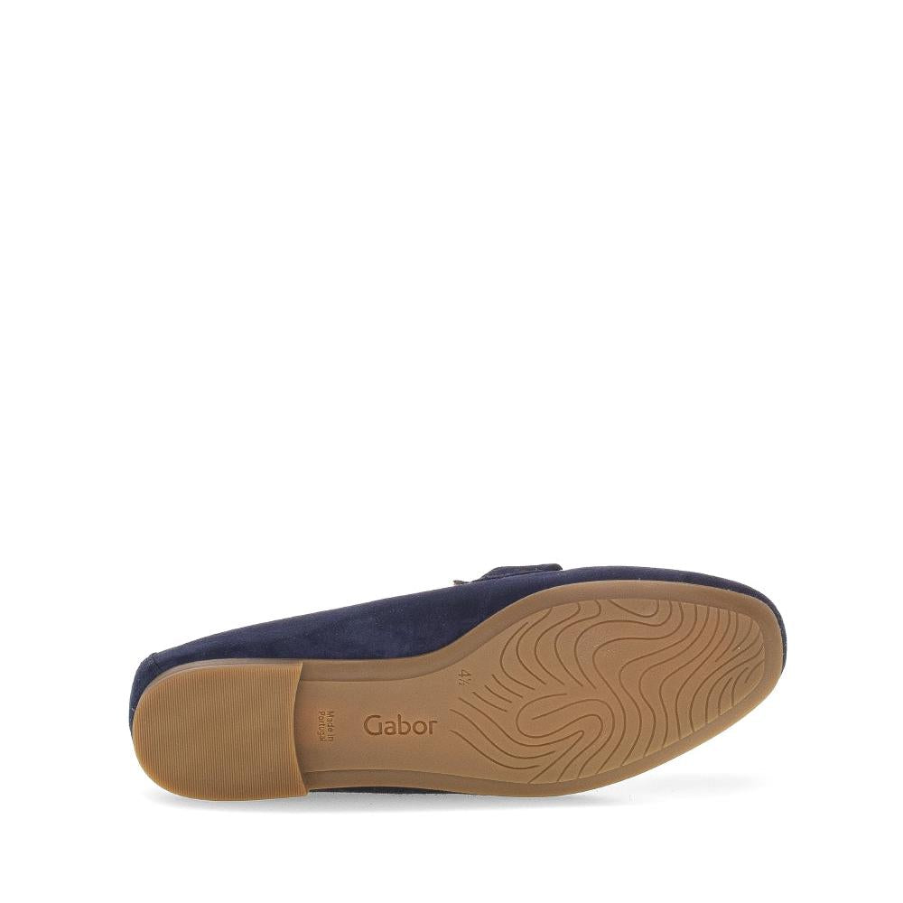 Gabor women's dark blue suede slip-on shoes with beige rubber sole and cushioned insole, stylish and comfortable footwear.